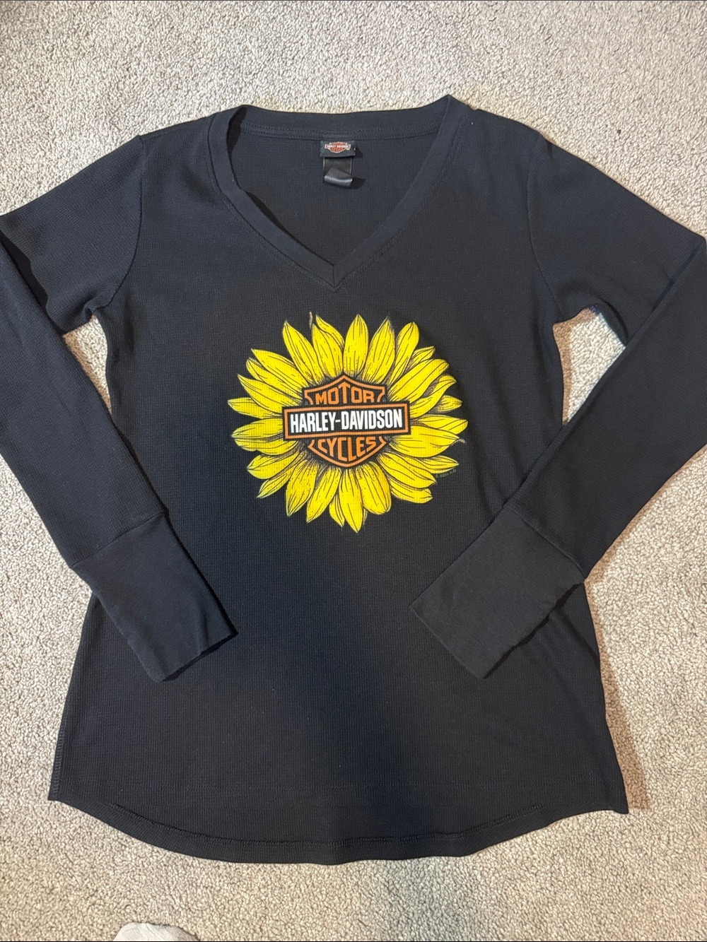 Harley-Davidson Black Long Sleeve V-Neck Top with Yellow Sunflower Logo